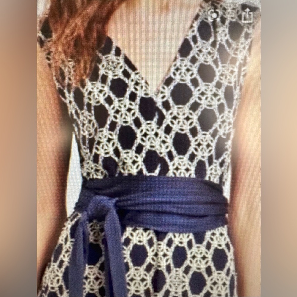 Tory Burch 100% Silk Sleeveless Nicola  Midi Dress in Navy & White